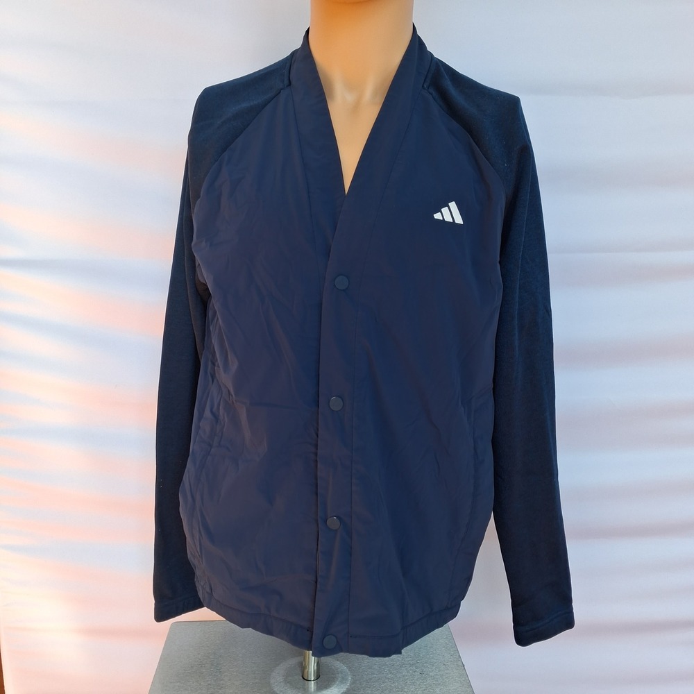 Adidas Mens Navy Blue Snap Front Hybrid Windbreaker Knit Sleeve Jacket RN88387